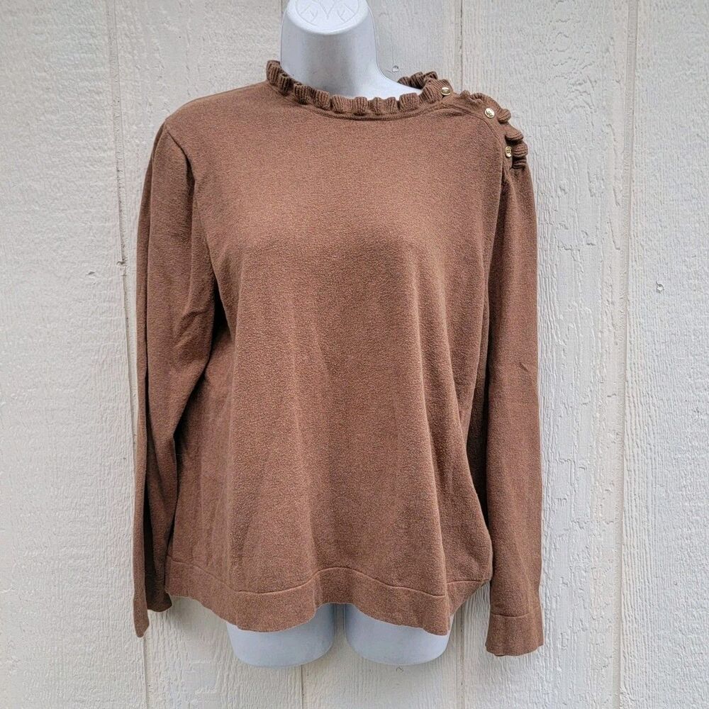 J. Crew Ruffle neck pullover sweater w/ buttons Brn sz XXL cotton preppy capsule